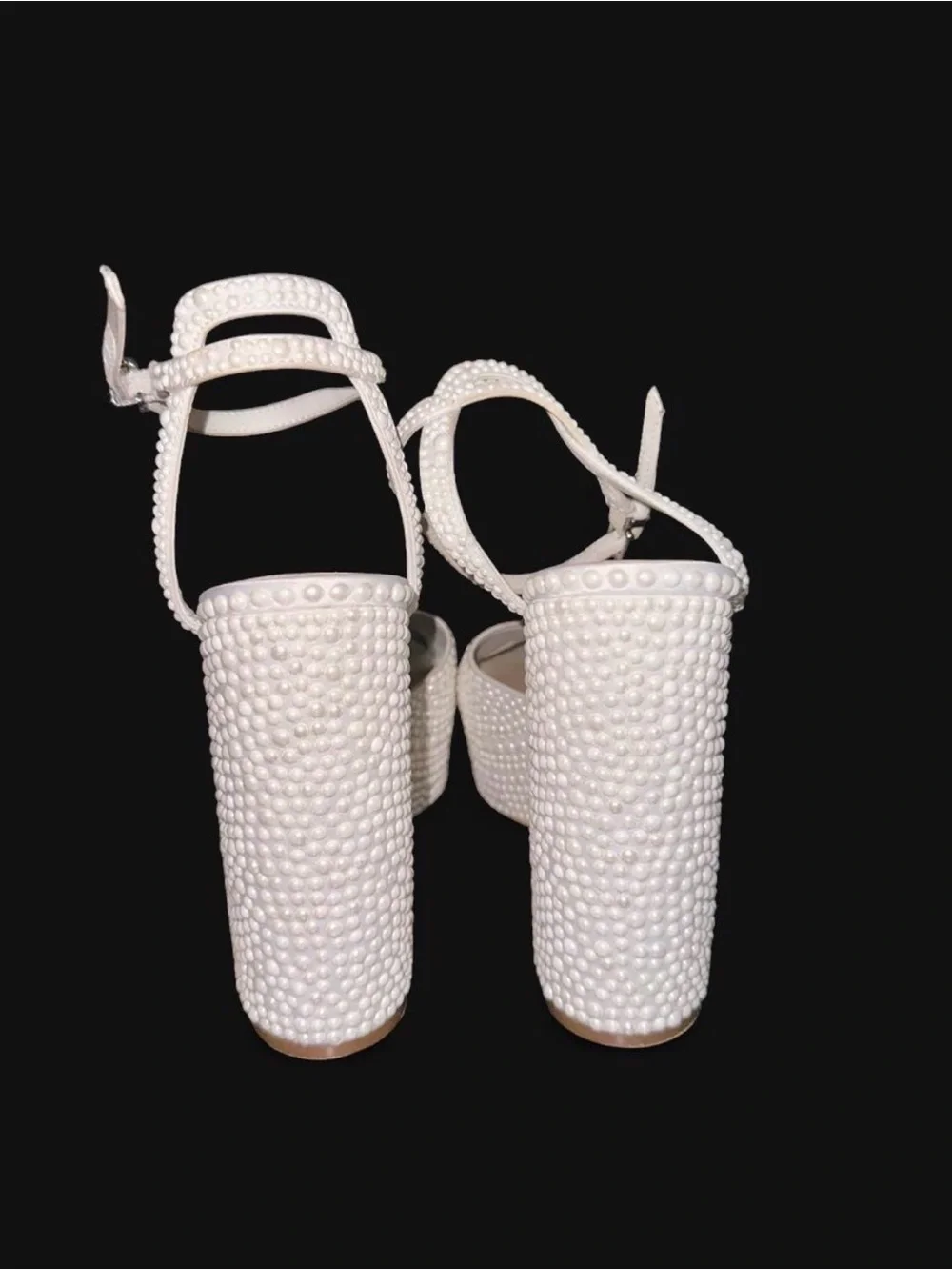 Pearl-Embellished Cream Platform Heels with Ankle Strap
